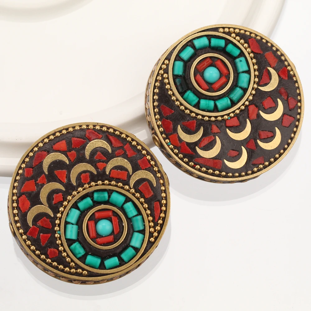 

1pcs Flat Round 45mm Handmade Nepalese Buddhist Tibetan Brass Metal , Clay Loose Craft Beads for Necklace Jewelry Making DIY