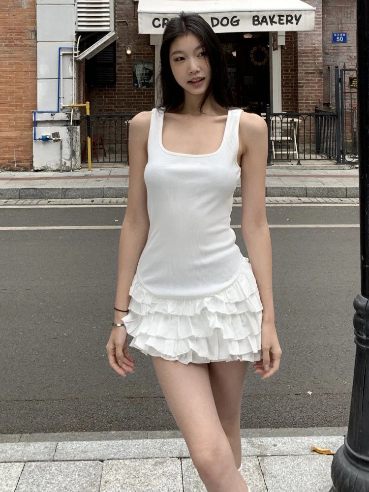 สีดําหวาน Camis ผู้หญิงฤดูร้อนแฟชั่น Ruffle Patchwork Streetwear Tutu ชุดเซ็กซี่ Slim มินิ Vestidos หญิง