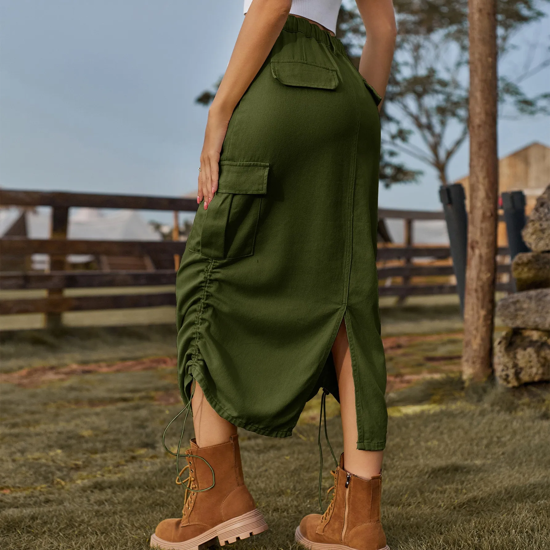 Summer Women's Clothing Drawstring Elastic Waist Denim Skirt Streetwear Casual Midi Skirt For Woman Vintage Workwear Style