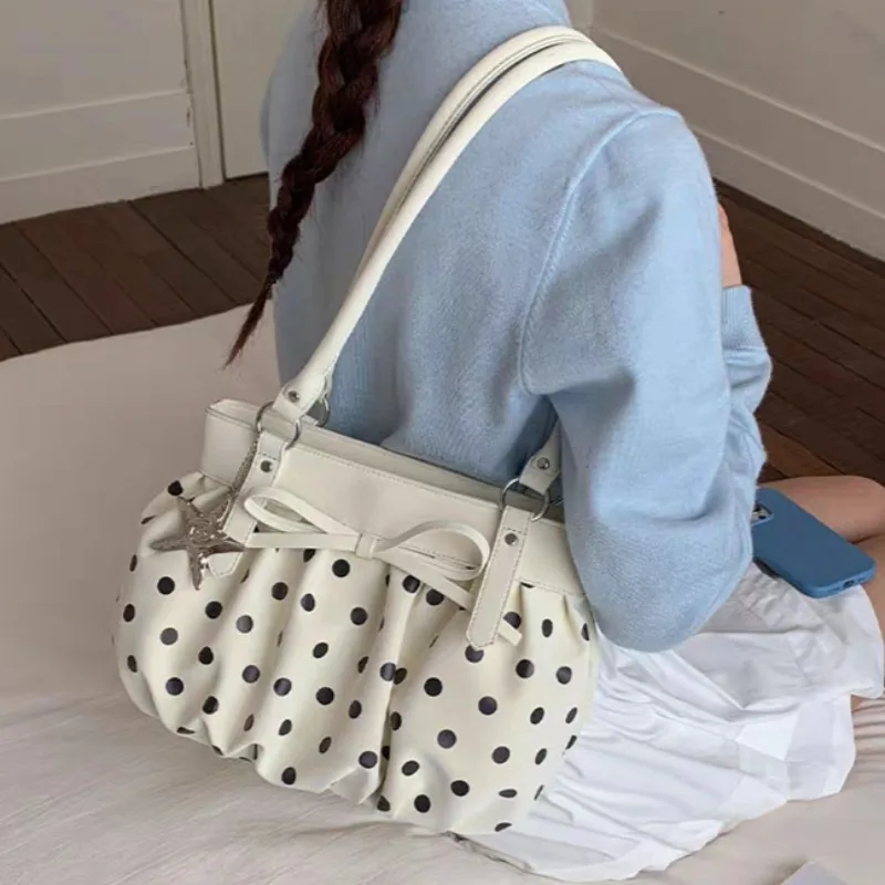 

Women Bow Decor Large Capacity Hobo Bag Polka Dot Ruched Shoulder Bag With Star Pendant Retro Versatile Handbag For Daily Commut