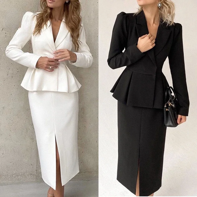 SKMY Autumn Solid Color V-Neck Long Sleeve Midi Skirt Slim Office Ladies Suit 2024 New Fashion Women Two Piece Set Outfits