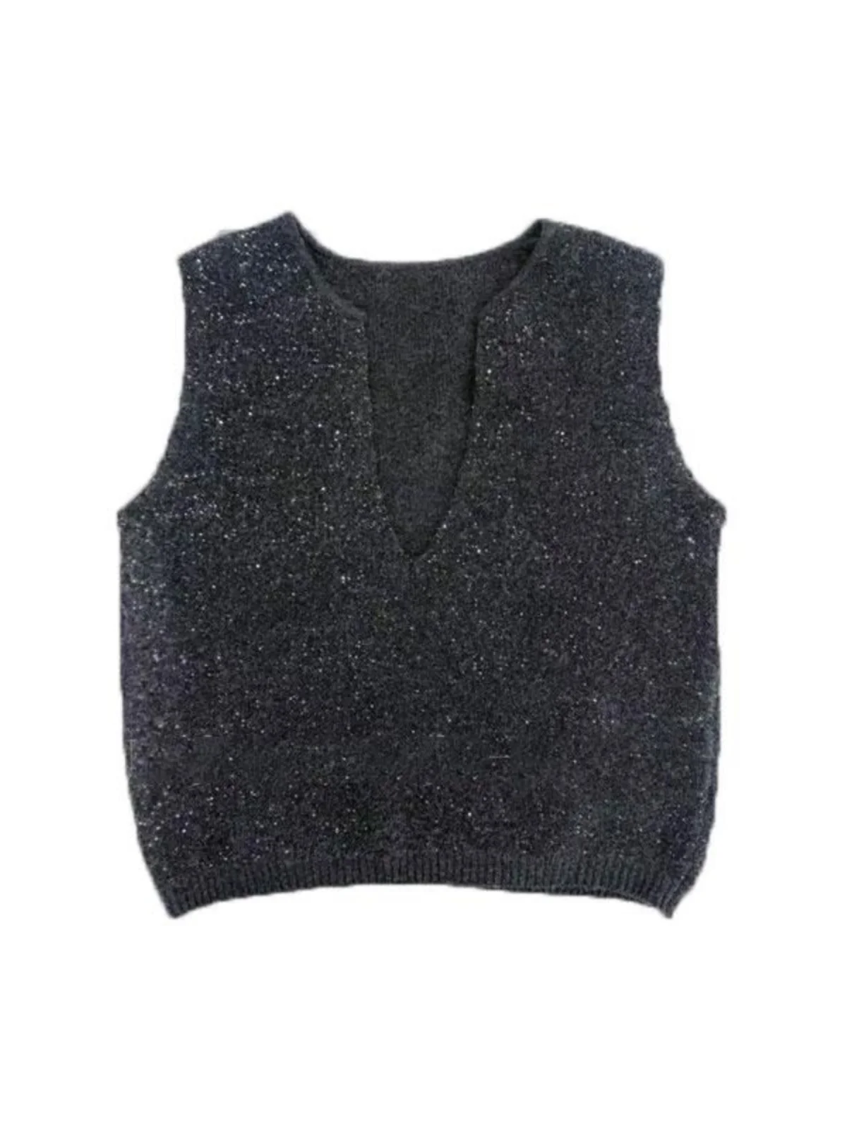 Gray V-Neck Sparkling Sleeveless Knitted Vest Women's Style 2024 New Autumn Winter Layering Sweater Vest Top Fashion Trend