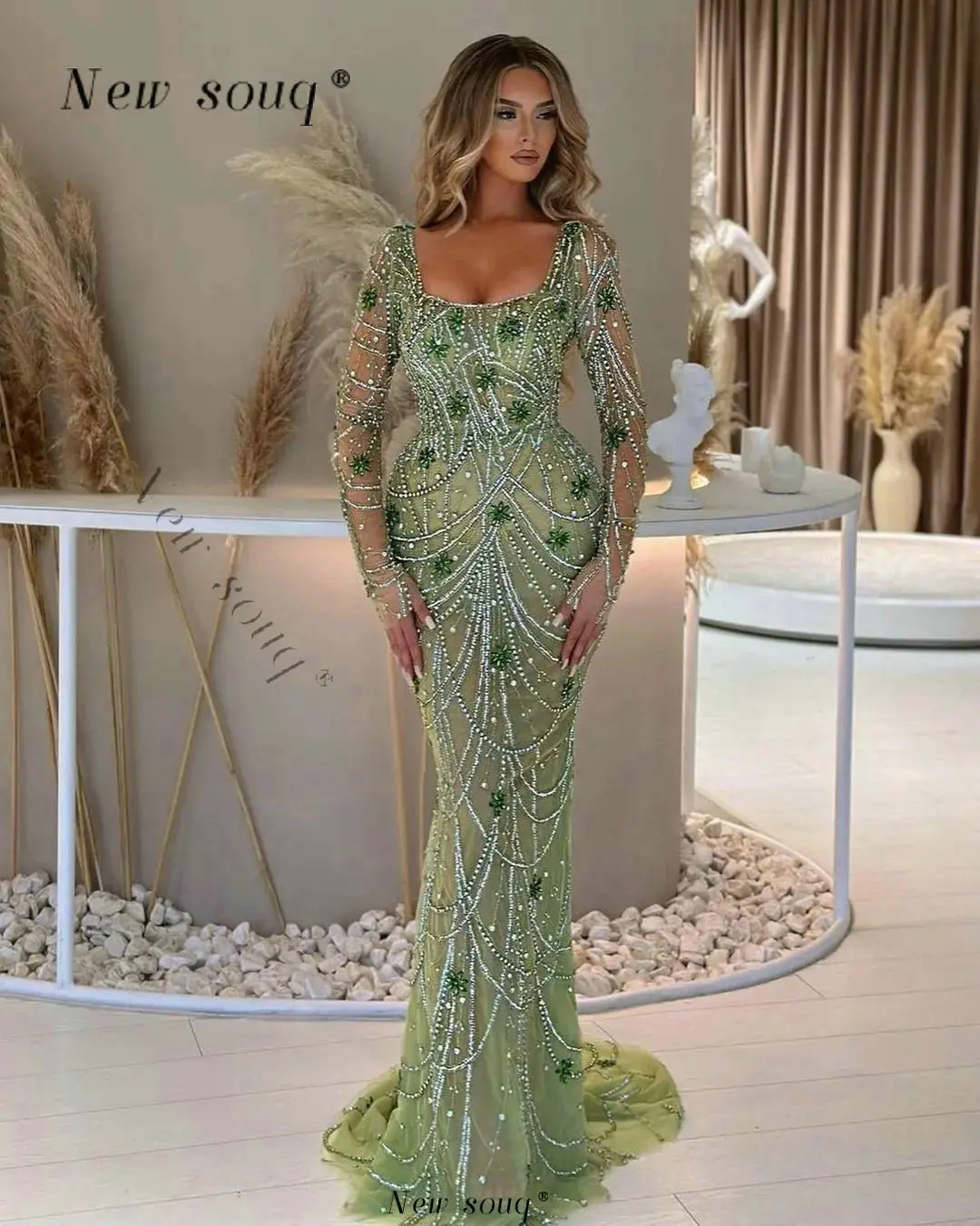 Green Beaded Crystals Stone Square Neck Long Sleeves Evening Party Dresses Elegant Formal Events Gowns for Weddings 2024