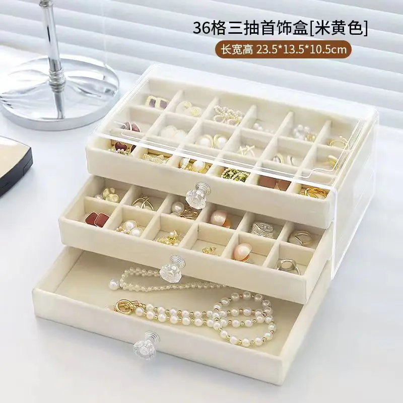 1PC 3-layer transparent plastic velvet drawer jewelry storage box with handle and display stand