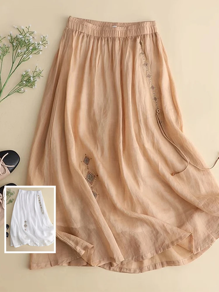 

Льняная двухслойная юбка-миди трапециевидной формы с вышивкой в стиле ретро и кисточками, утягивающая летняя новая ветровая юбка с высокой талией