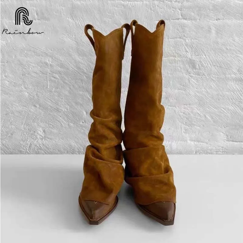 RAINBOW 34-43 New 2025 Winter Women Shoes Brown Pointed Toe Slip On Long Boots Luxry Suede Leather Pleated Pointed Toe Knee High