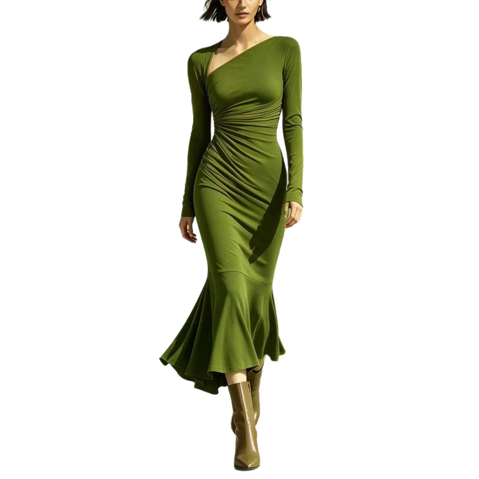 Ruched Pleated a Line Dress with Private Celebrity Style Long Sleeve Slim Fit Women Dresses for Date Camping Travel Party