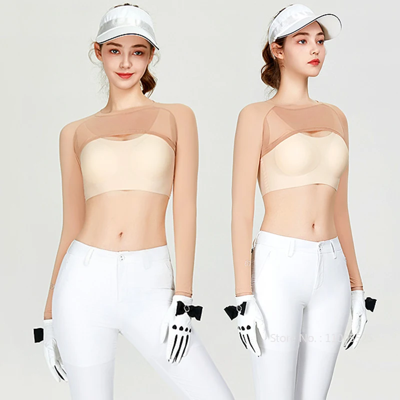 

MG Golf Women's Summer Sunscreen Arm Sleeve Ladies Cooling Sun Shawl Long Sleeve Bottom Shirt Ice Silk Golf Cropped Top