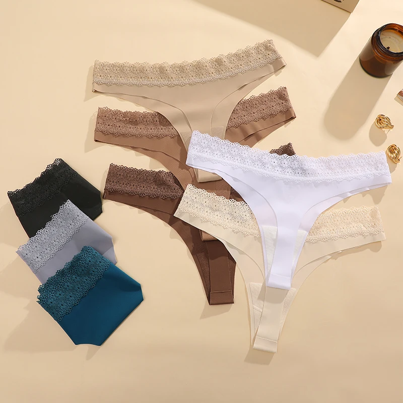 FINETOO 6 шт. сексуальные полые кружевные стринги для девочек, нижнее белье, хлопковые женские стринги, однотонные бесшовные мягкие женские трусики, нижнее белье с низкой талией