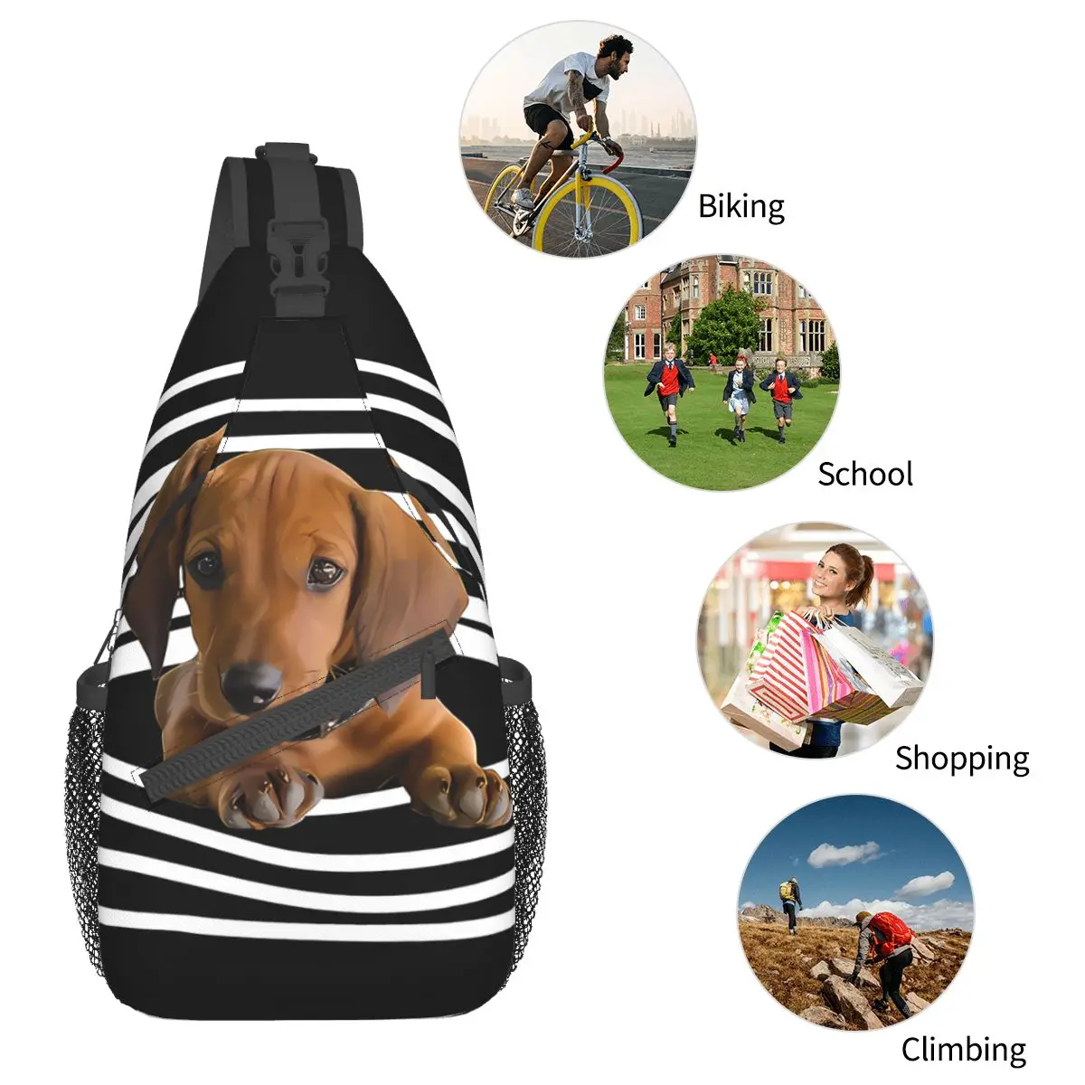 Stripes Crossbody Chest Bags Dachshund Pet Dog Pockets Travel Pack Messenger Sports Teens Shoulder Bag Unisex