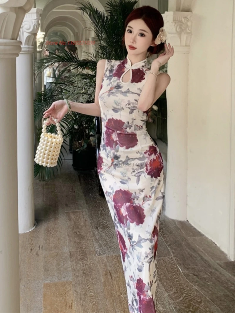 

2025, восточное винтажное платье для ночного клуба, улучшенное сетчатое Cheongsam, традиционное платье без рукавов с цветочным принтом, Ципао, банкетное вечернее платье