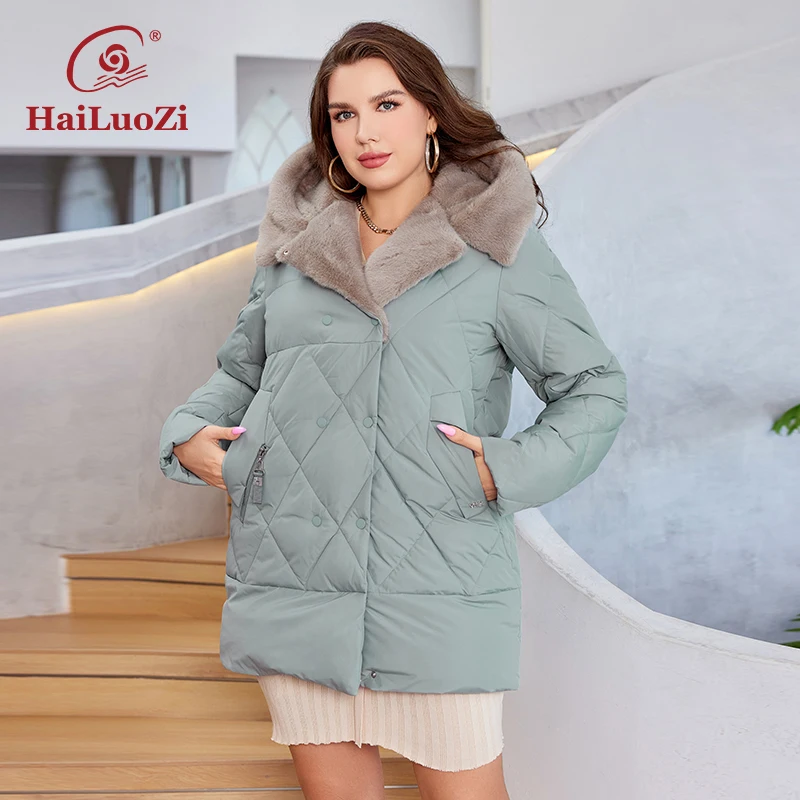 HaiLuoZi-Chaqueta de invierno con capucha para mujer, abrigo corto de talla grande con piel, diseño acolchado elegante, con bolsillos grandes, 2023