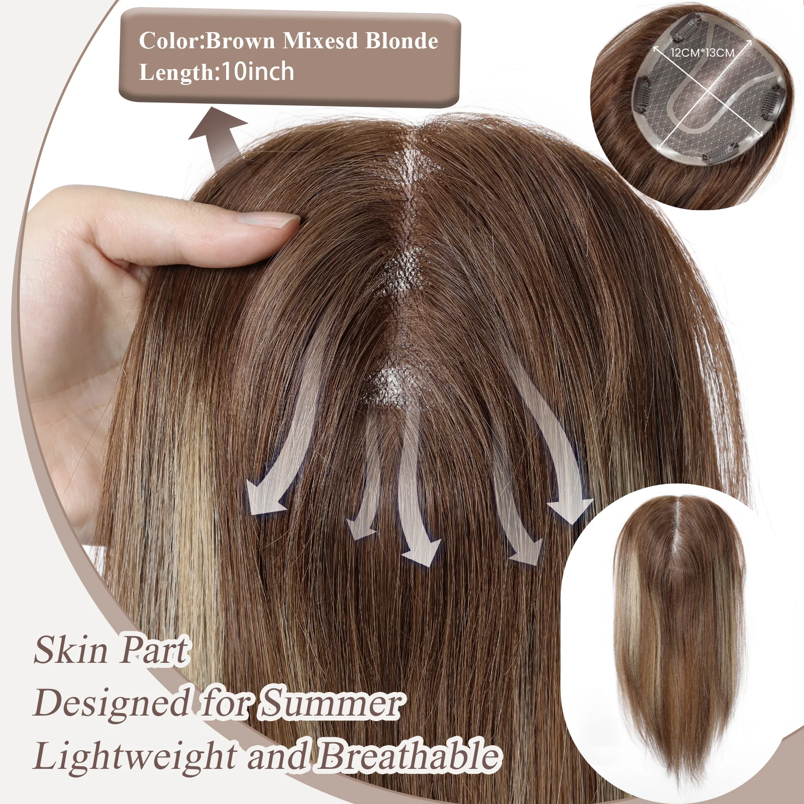 Highlight Topper Human Hair Mono Base 12 * 13 cm Nakładki do włosów dla kobiet z przerzedzającym włosem Ręcznie wykonany nakładka na włosy 14 cali