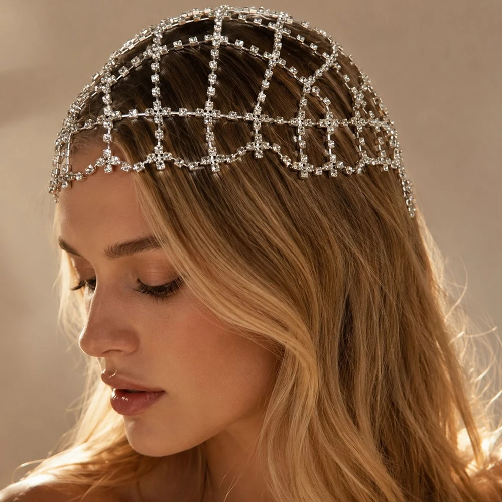 Boho Rhinestone Mesh Hat Headpiece Wedding for Women Accessories 2026 Fashion Crystal Bridal Head Chain Headwrap Dress Jewelry