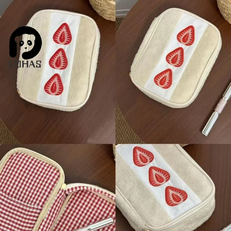 1pc Cute Embroidered Strawberry Pencil Case Portable Stationery Pen Box Multi Functional Large Capacity Makeup Bag Storage Bag