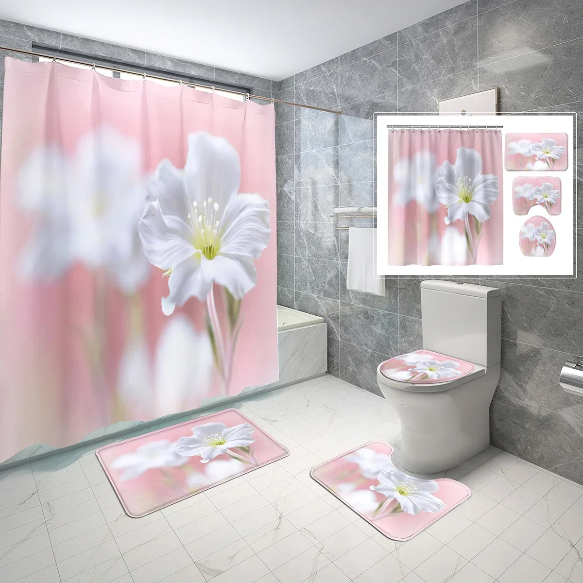 

4 шт., наборы занавесок для душа с цветочной тематикой, весенние ботанические цветы, нескользящий коврик для ванной, чехол для унитаза, водонепроницаемый набор занавесок для душа