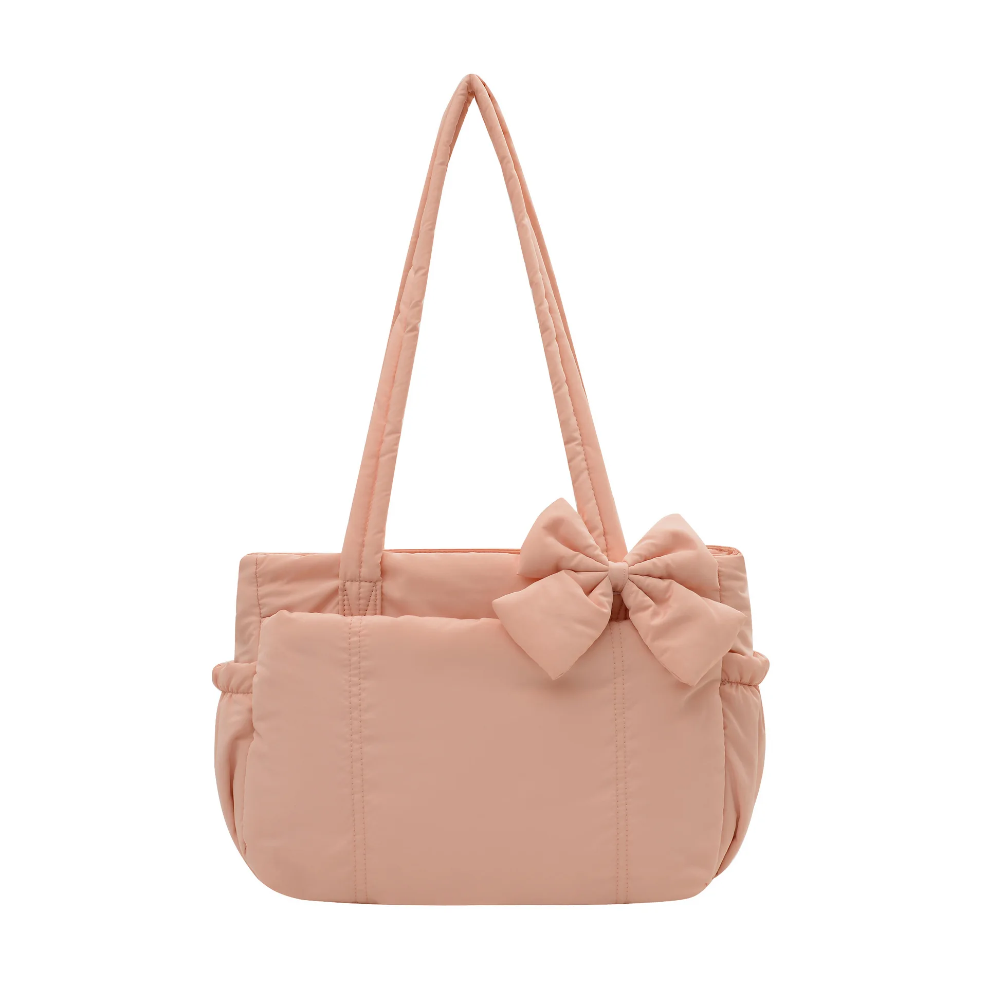 Kawaii Bow Puffer Tote Bag for Women, Soft Quilted Nylon Large Shoulder Handbag, Casual Daily Shopping Student School Bag