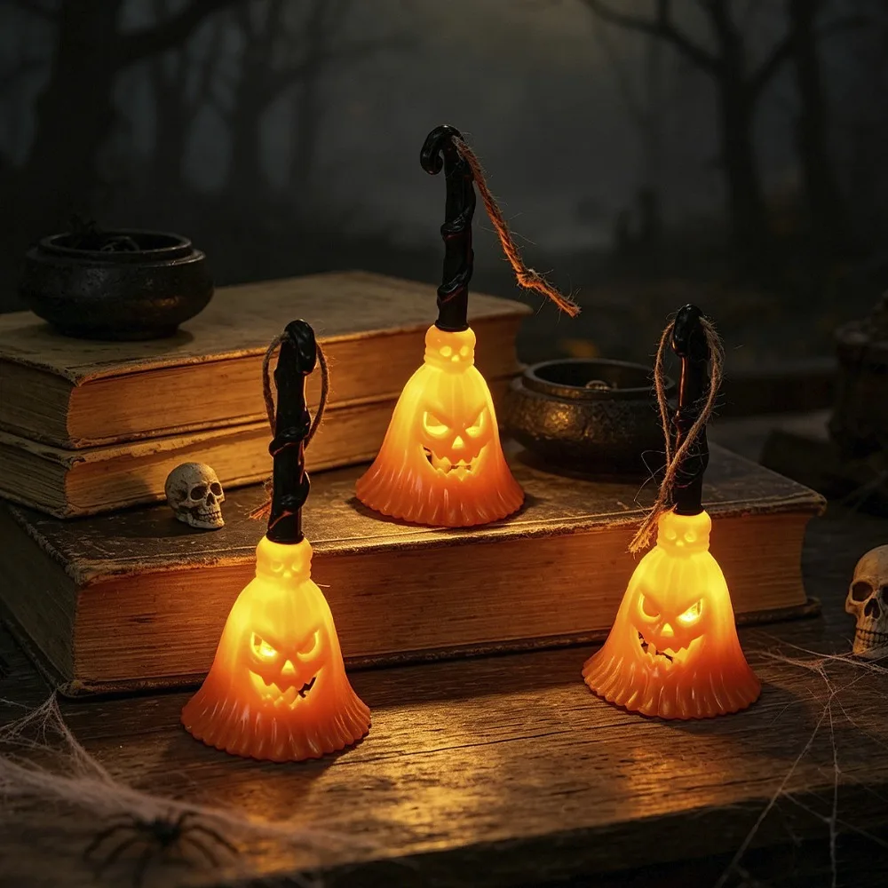 Light-emitting Pumpkin Broom Lights with Hanging Rope Plastic Halloween Pumpkin Lamp LED Light Halloween Desk Ornaments