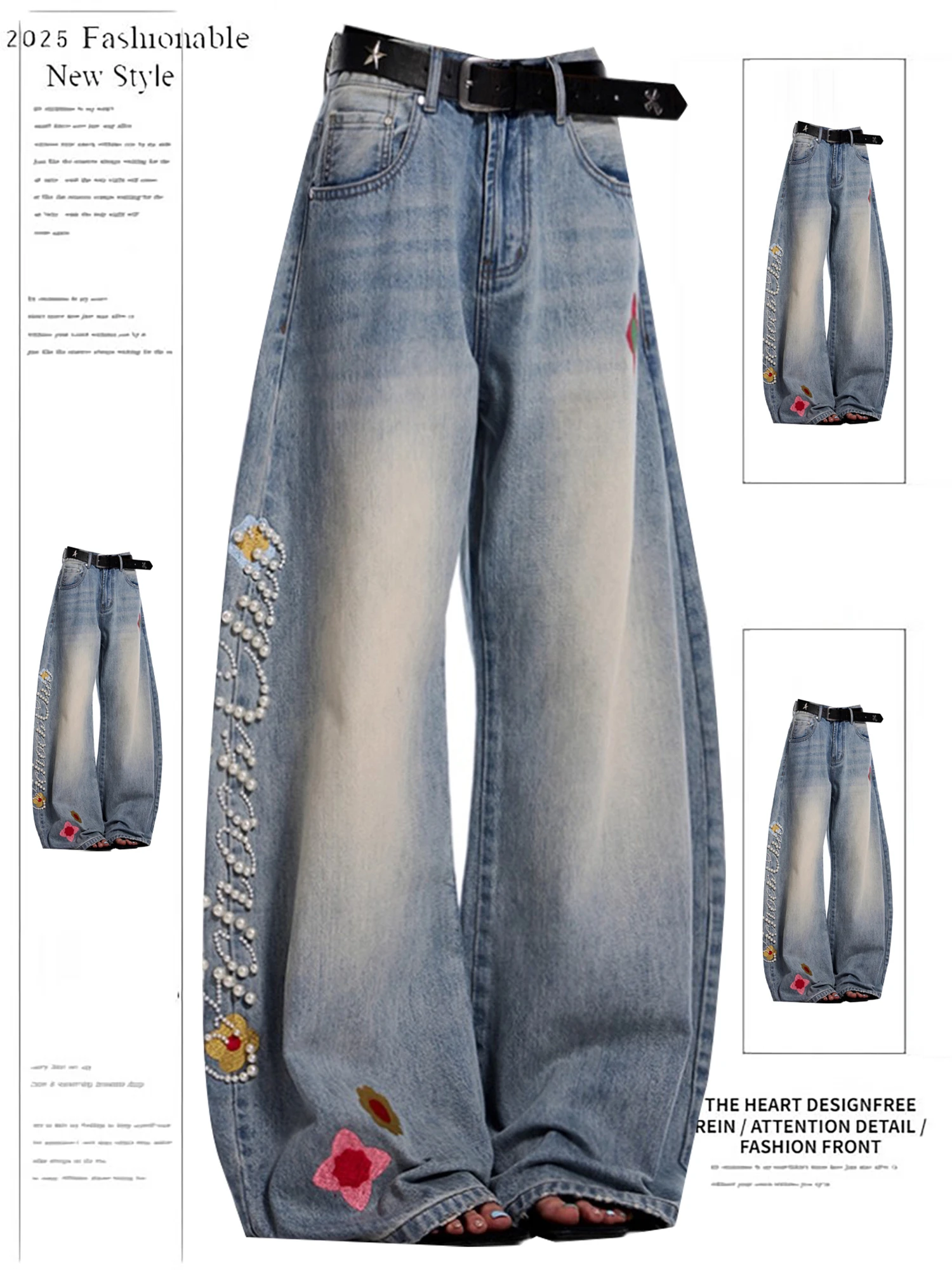 

Женские мешковатые широкие джинсы с жемчугом и цветочной вышивкой, винтажная уличная одежда с высокой талией, джинсовые брюки Y2K