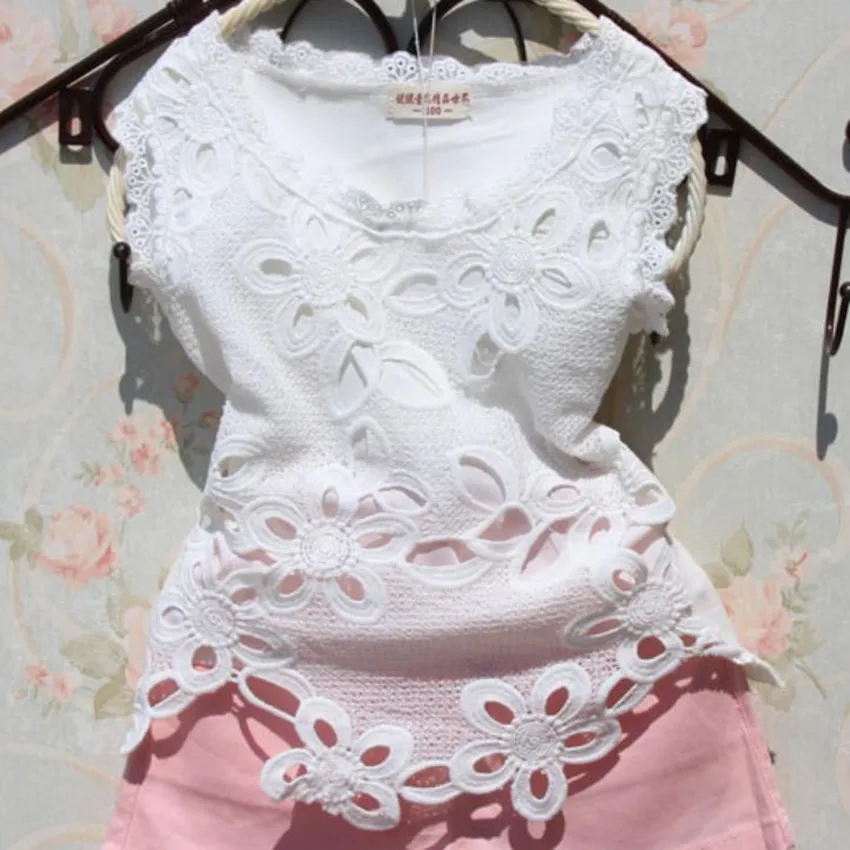 Summer new lace baby girls vest t-shirt middle-aged children's cotton sleeveless top tees