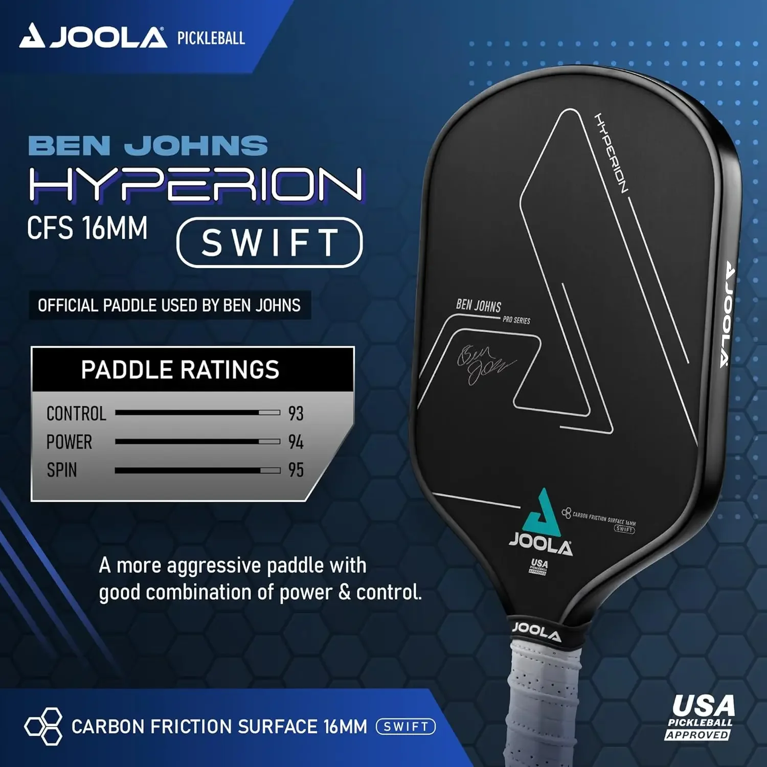 Ben Johns Hyperion CFS Swift Pickleball Paddle - USAPA Approved for Tournament Play  Carbon Fiber Pickle Ball Racket  Ma