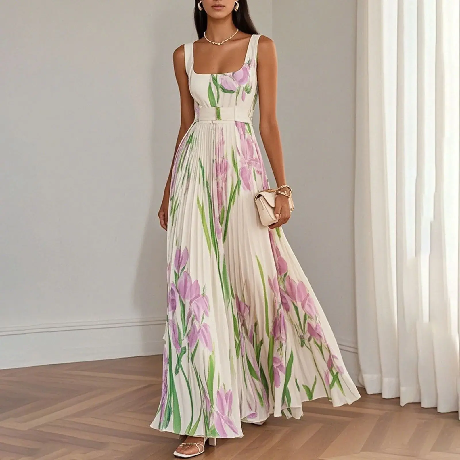 

High-Quality Summer Dress Pleated Floral Print Women's Fashion New Arrival Elegant Women's Clothing платье женское