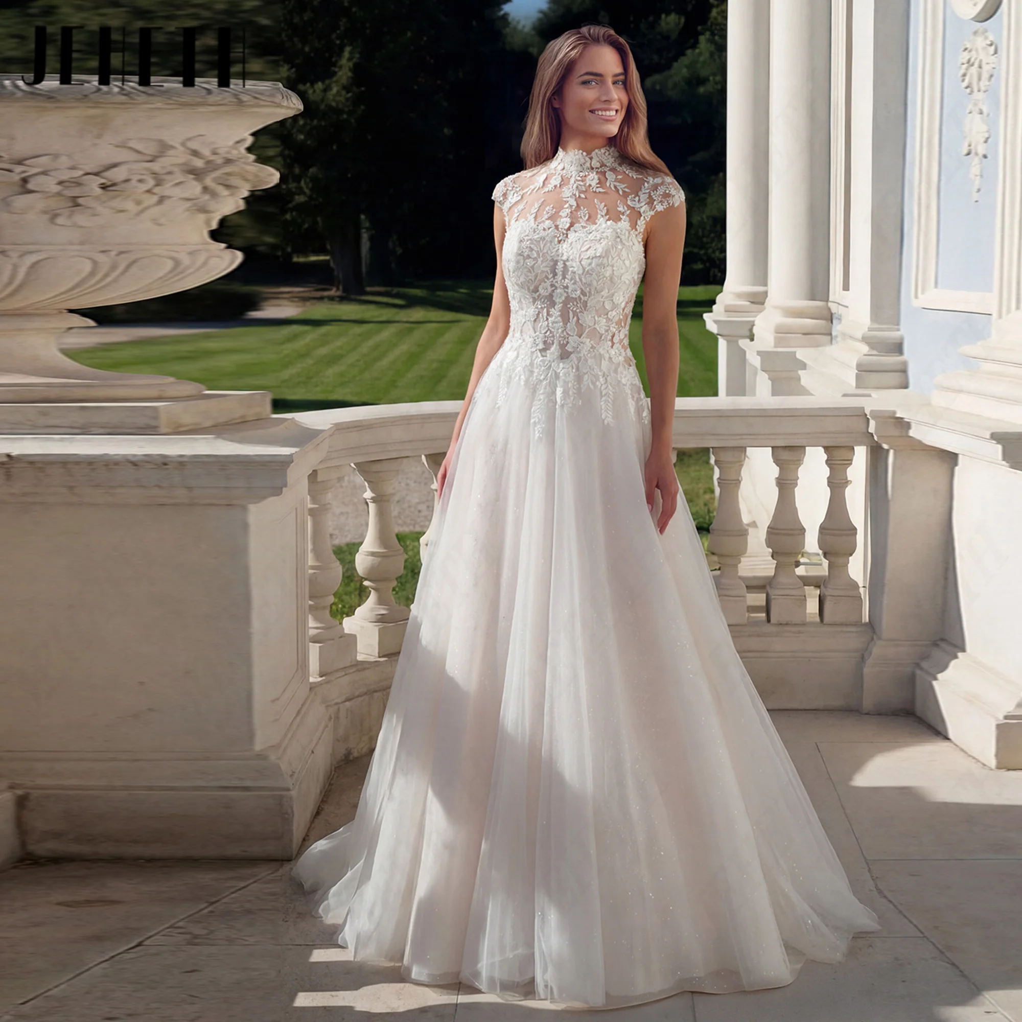 JEHETH Cap Sleeves High Neck Civil Wedding Dresses Lace Appliques A-Line Bohemian Bride Gowns Tulle Personalized Backless Bridal