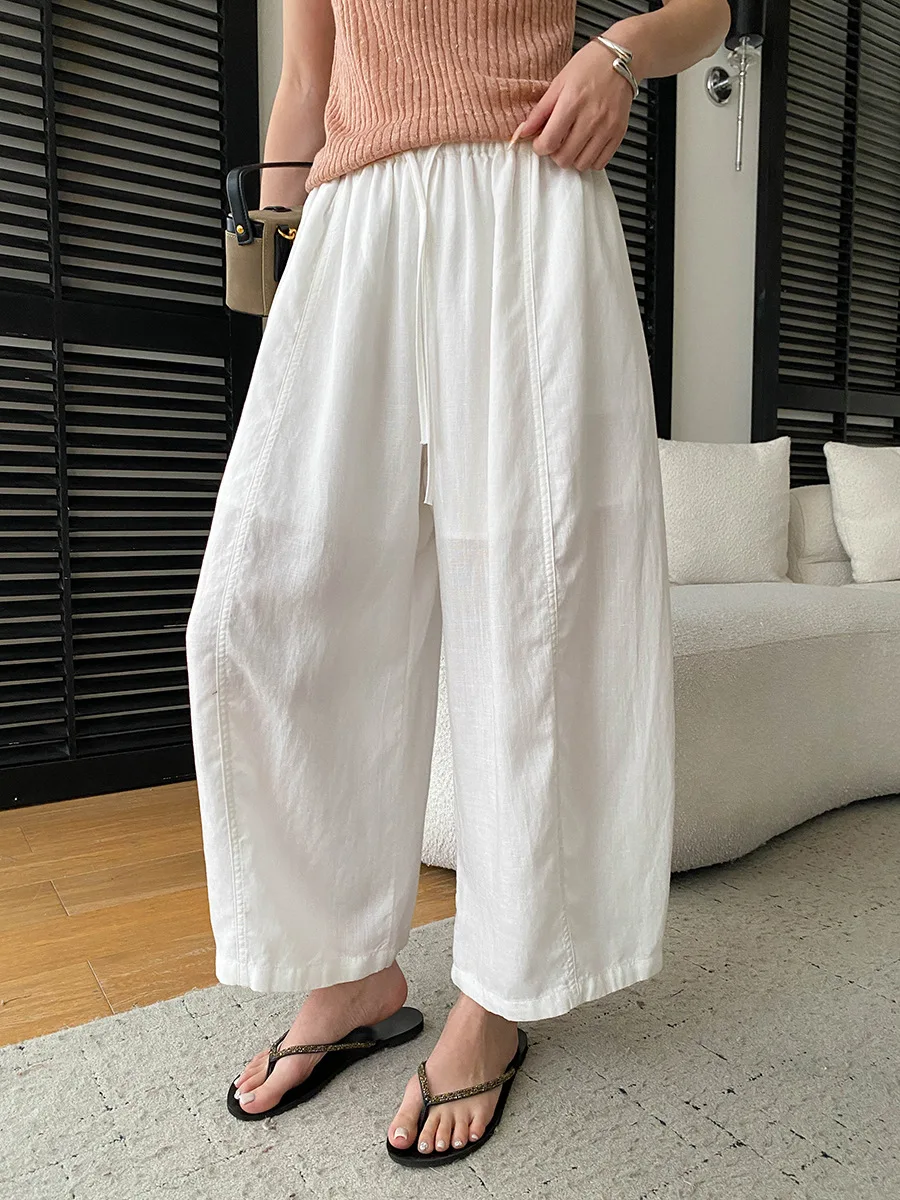 Sommerliche High-Waist-Hose mit weitem Bein für Damen, lässige, einfarbige, locker sitzende Hose – Detail 17