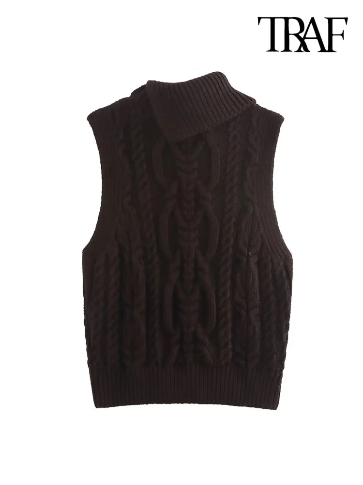 TRAF-Women's Ribbed Trims Cable-Knit Vest Sweater, High Neck, Sleeveless, Female Waistcoat, Chic Tops, Fashion