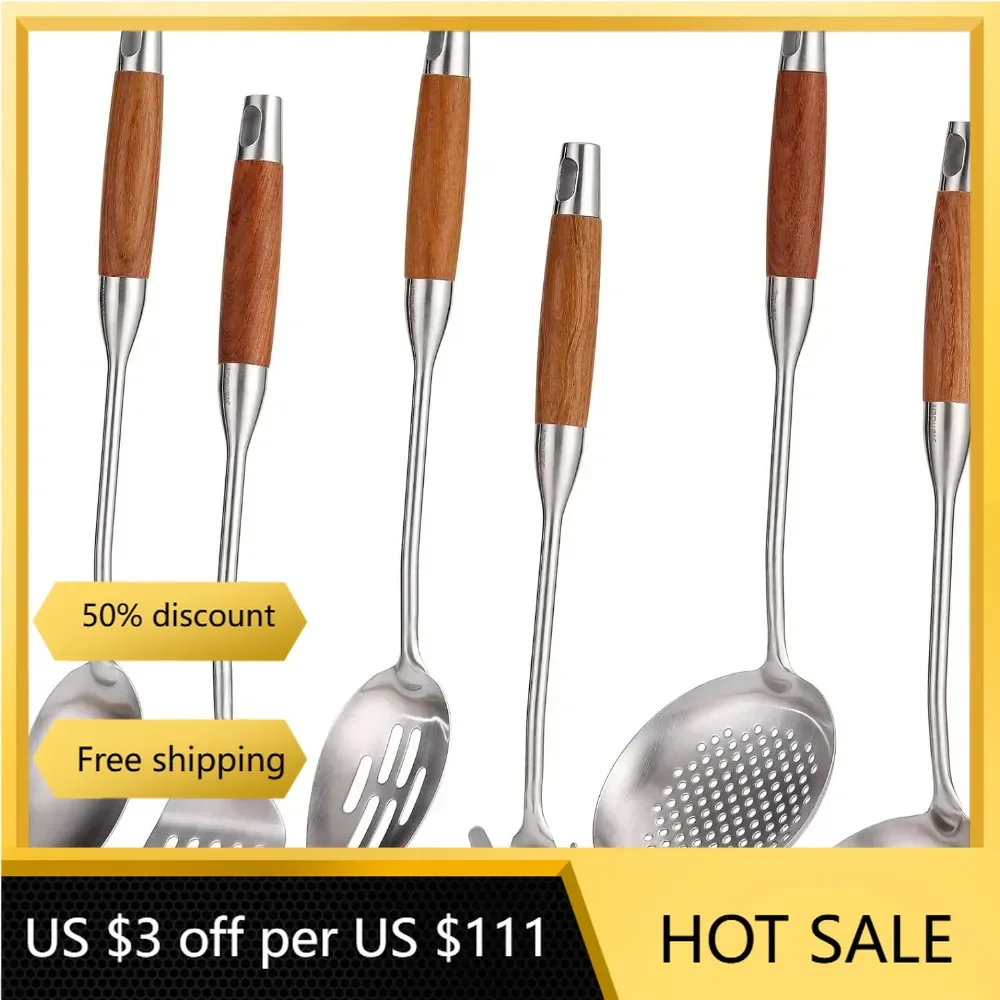

304 Stainless Steel Kitchen Utensils Set with Wood Handle - 15” Long Metal Cooking Tools 6-Piece Large Spoons