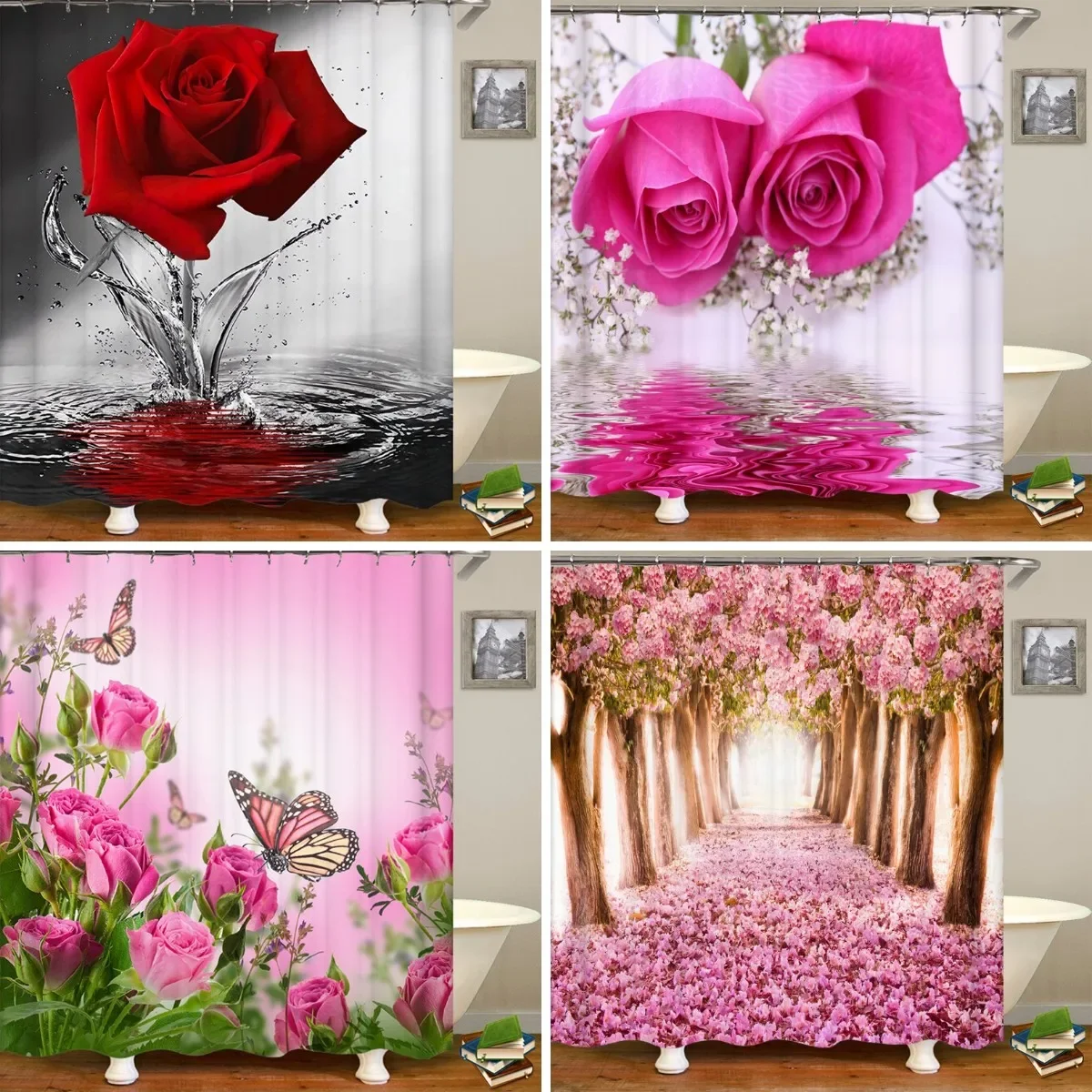 Red Rose Butterfly Flowers Shower Curtain 3D Bathroom Curtain Fabric Waterproof Polyester Washable Bath Screen Curtain Set