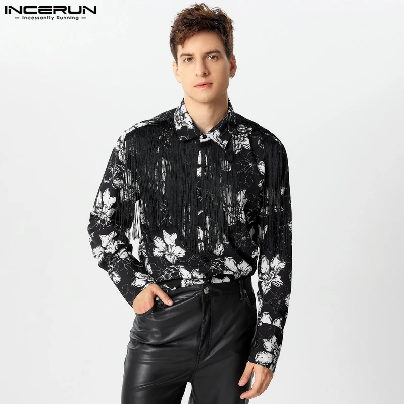 2024 INCERUN Men Elegant Long Sleeve Shirts Floral Printed Tops Handsome Tassel Splicing Turn Down Collar Button Loose Blouses