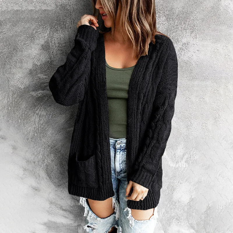 Solid pocket middle long solid Fried Dough Twists cardigan coat autumn and winter new sweater women