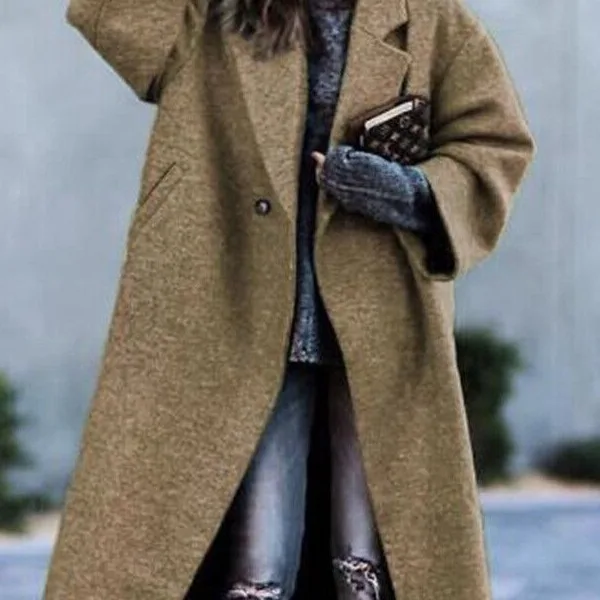 Warm Woolen Coat Casual Long Pure Color Women's Autumn Winter New Style Outdoor Windproof V-neck Coat for Young Ladies