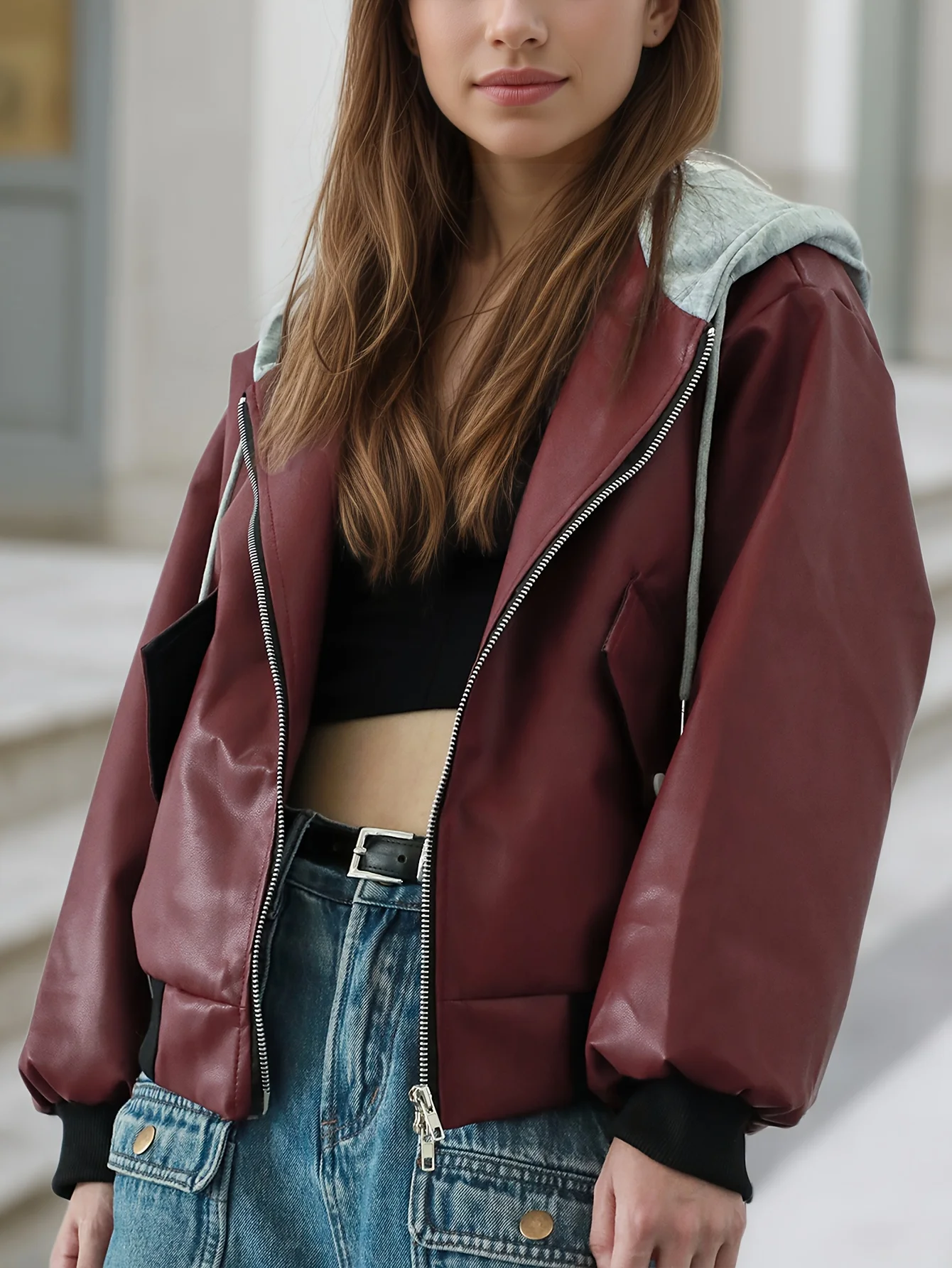 Primavera e autunno nuovo colore block sciolto e versatile falso giacca da donna in due pezzi retrò con tasca con cerniera giacca in pelle con cappuccio