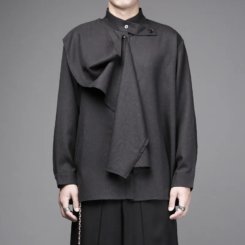 WVGA Spring Autumn New Men Tide Dark Style Yamamoto Asymmetric Neck Trendy Long Sleeved Shirts Niche Chic Casual Tops Ins W19059