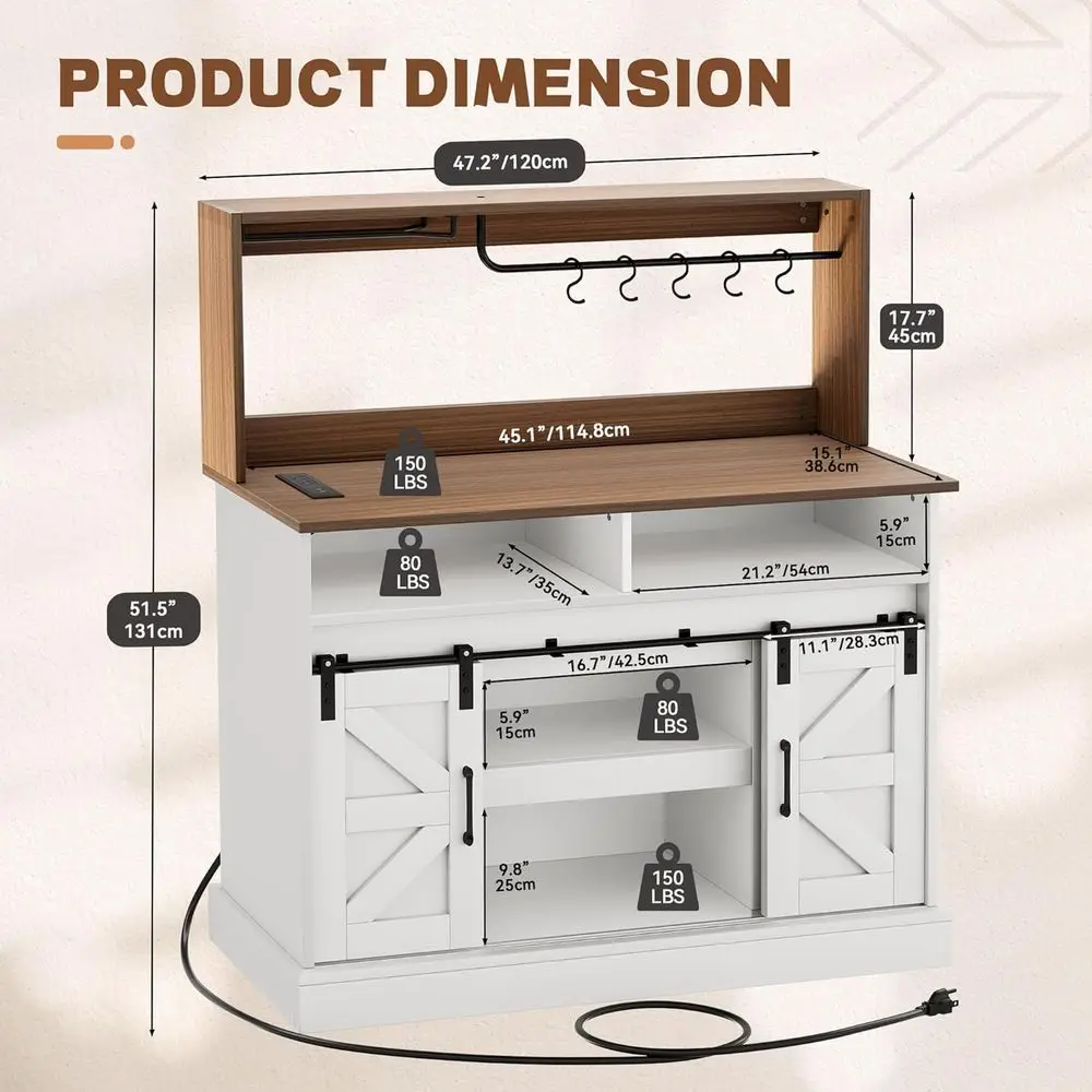 Caffettiera da 47" con porta calici e presa di corrente, armadietti a buffet con contenitore, credenza da fattoria con fienile scorrevole
