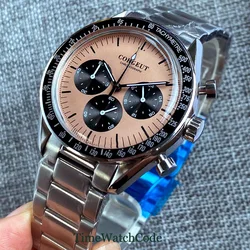 40mm Corgeut Quartz Watch for Men Full Chronograph Stainless Steel Bracelet Stop Watches Domed Mineral Glass Black White Blue