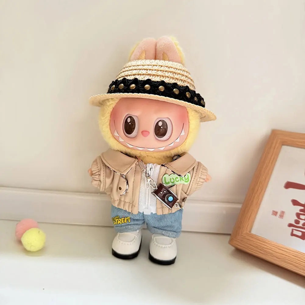 Voor 17 cm Labubu Poppenkleertjes Mode Leren Jas Poppenkleertjes Beer Trui Shirts Poppen Accessoires Leuke Decoratie