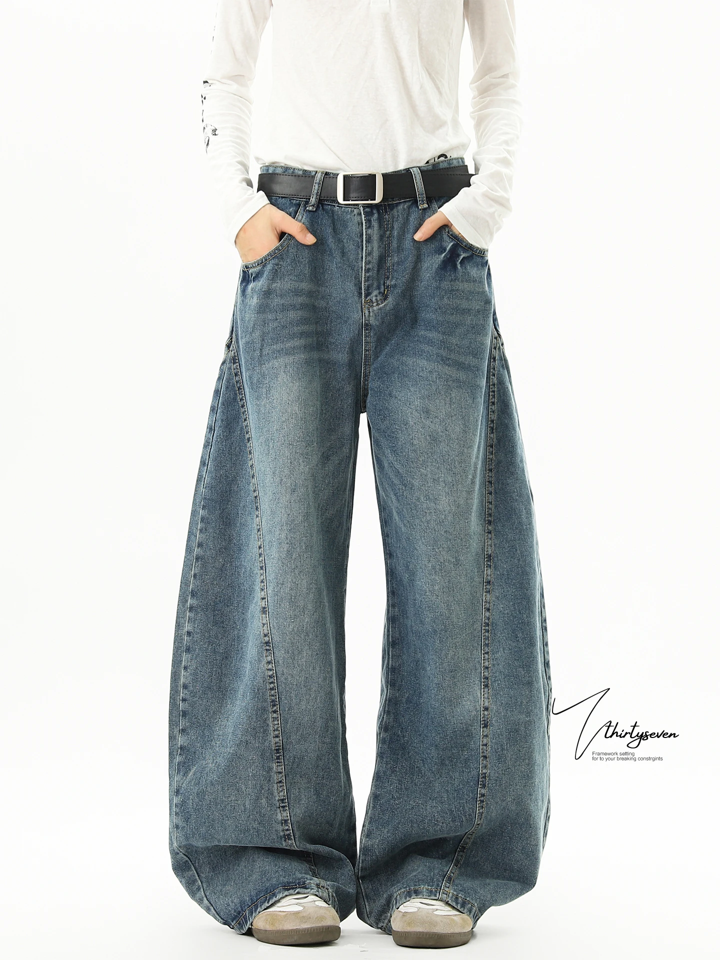 

V37 Американские синие широкие мужские джинсы в стиле ретро, модные свободные деконструированные универсальные утягивающие брюки с ножом, повседневные хлопковые брюки