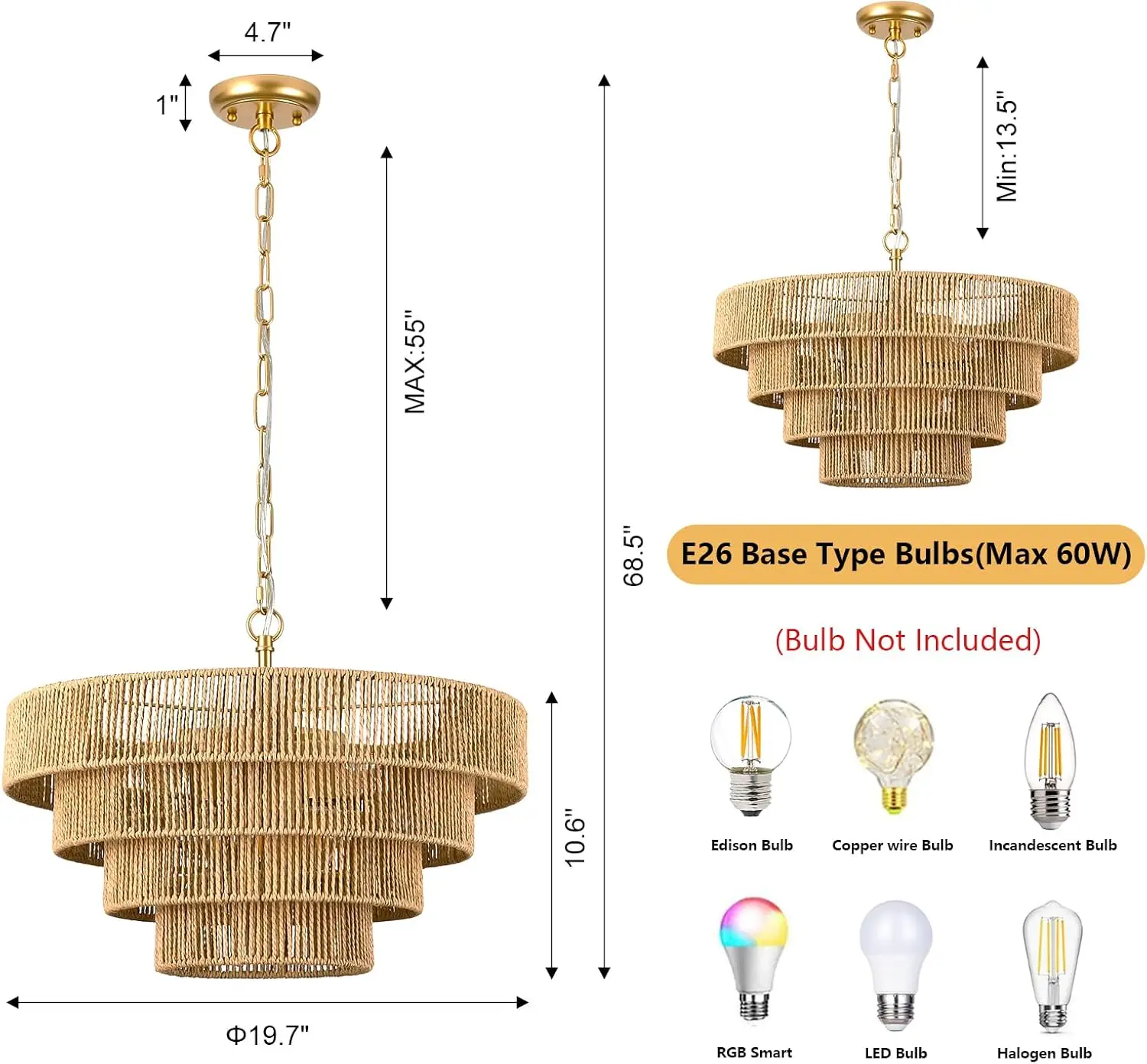 Boho Chandeliers Hand Woven Rattan 4 Round Pendant Light Fixtures Minimalist 6 Lights Large Pendant Lights For Kitchen Island