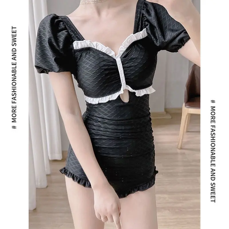 2023 Summer Women Vintage Ruffle Sexy Hollow One Piece Swimsuit Trendy Short Sleeve Push Up Beach Bathing Bodysuit Slim Swimwear