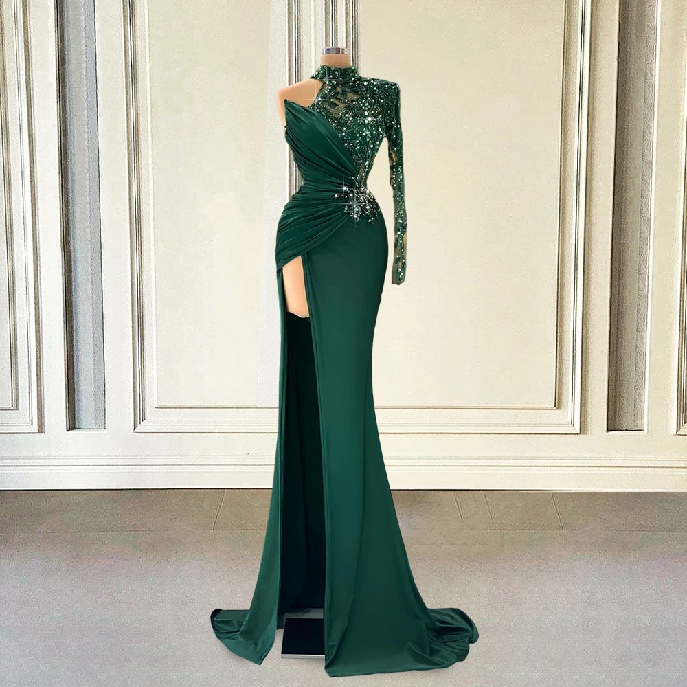 

Sexy Mermaid Formal Green Long Prom Dresses with Slit Single Full Sleeves Gils Women Evening Gowns for Graduation Party