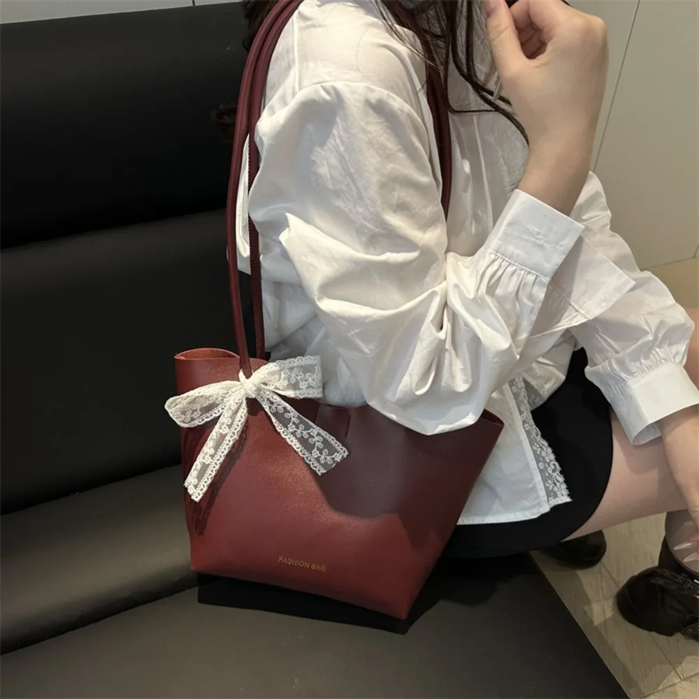 

Solid Color Leather Tote Bag Large Capacity With Lace Ribbons Shoulder Bag Korean Style Underarm Bag Women Handbag Daily
