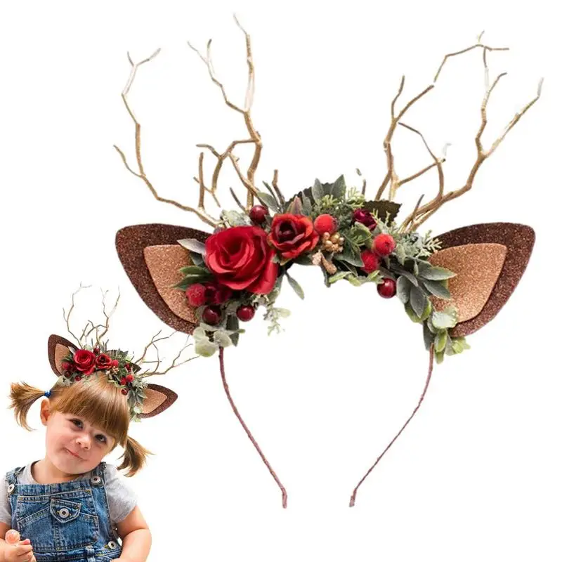 Cute Christmas Reindeer Headband Universal Creative Artificial Deer Horn Tree Branch Flower Hair Hoop for Christmas Party Girls