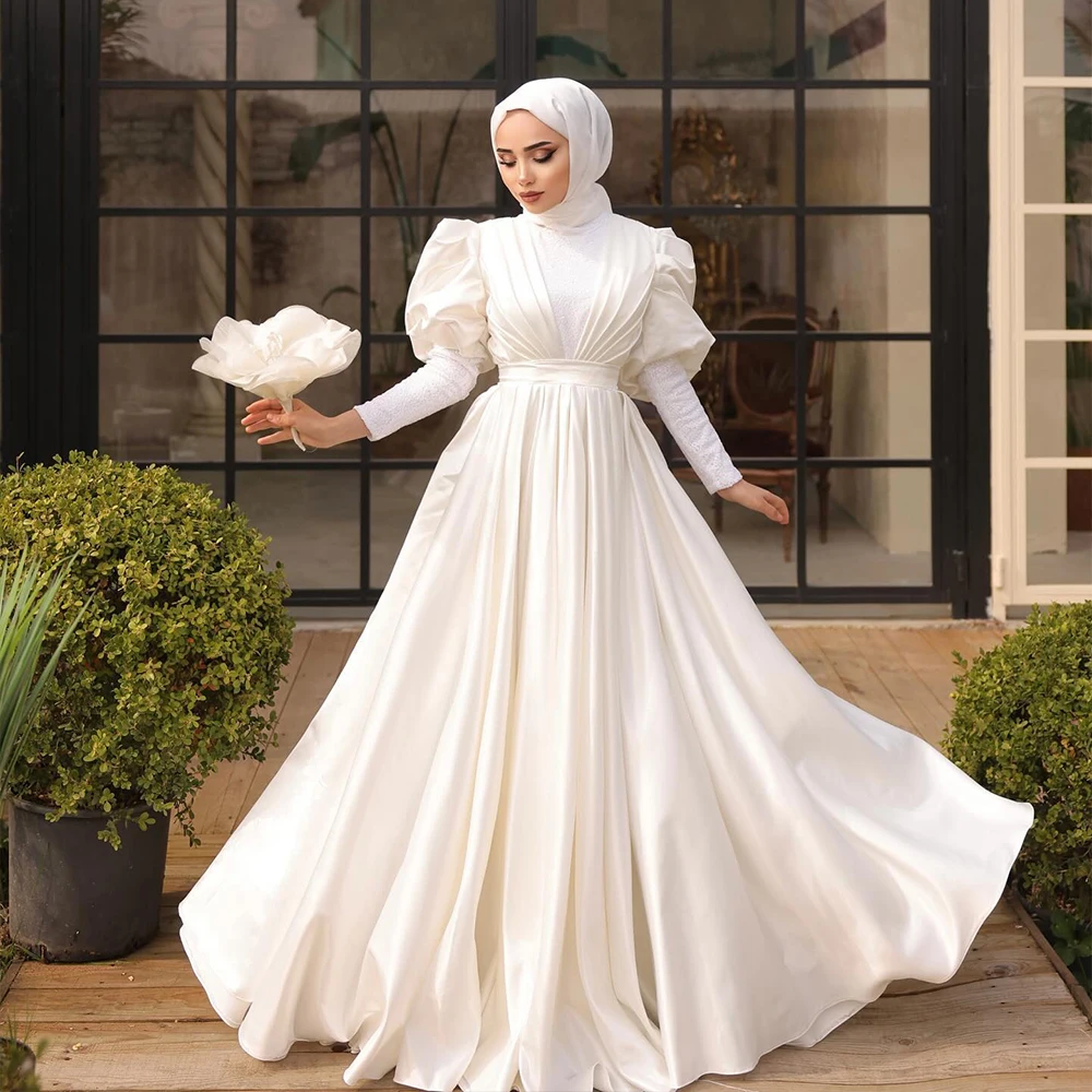 

Elegant Wedding Dresses Hijab Long Sleeve High Neck Muslim Bride Dress Pleat Sequin A Line Bridal Gown Customized robe de mariée