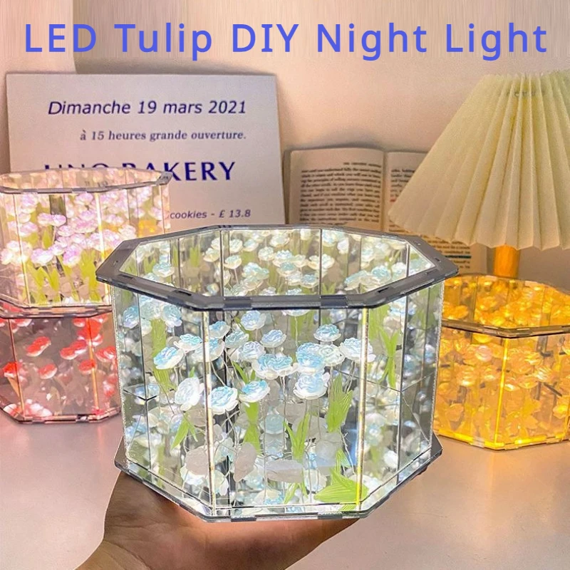 Led Tulip Mirror Cube Lamp Three-Dimensional Night Light DIY Material Package Handmade Craft Birthday Gifts Tulip Night Light