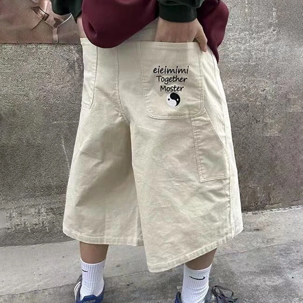 

Mens Corduroy Casual Wide Leg Cropped Pants Genderless 2024 Spring New Breathable Streetwear Loose Versatile Shorts Unisex