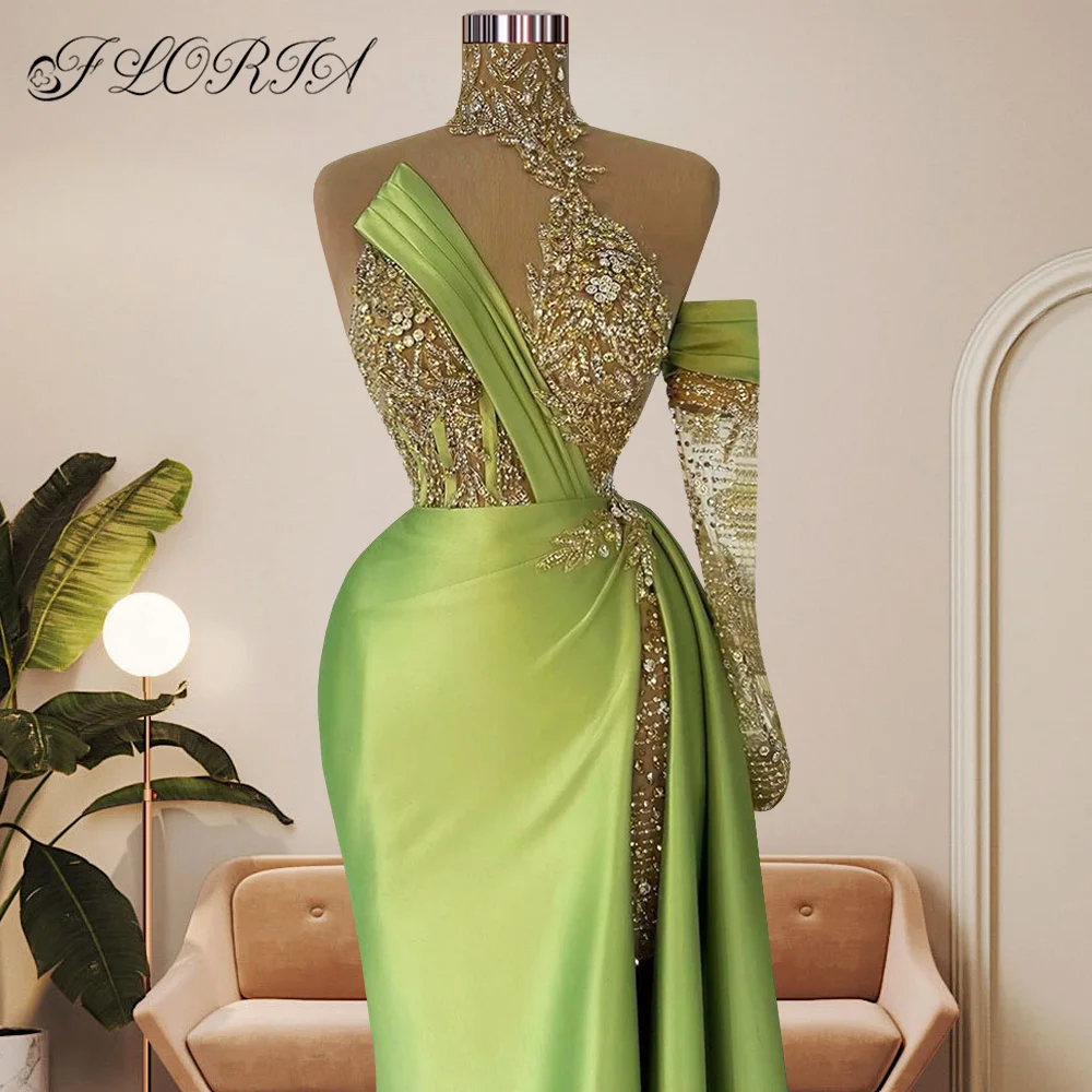 Helles fluoreszierendes grünes One-Shoulder-formales Abendkleid, transparente Perlen, hoher Schlitz, Satin, Meerjungfrau, Maxikleider, Damen-Partykleid