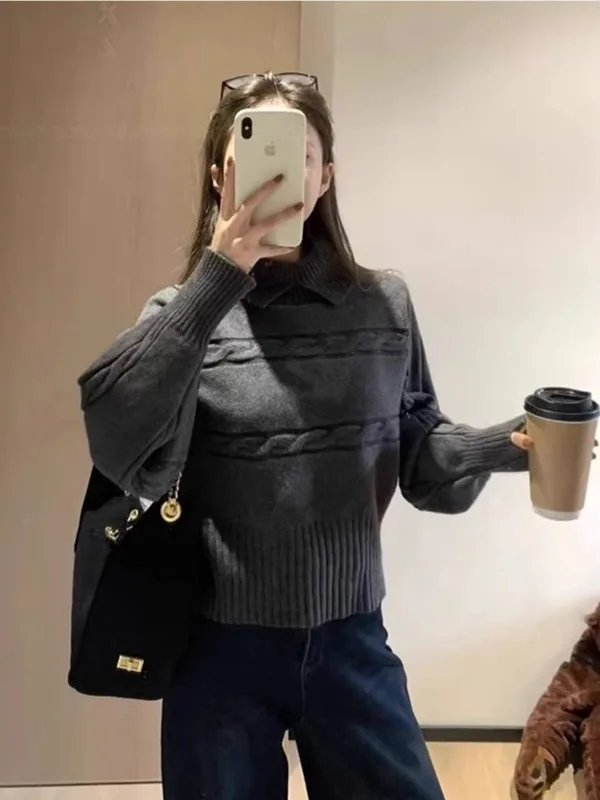 

plus Size Knitwear Loose Fit Turn-down Collar Twist Pattern Base Layer irt Slimming Lazy Sle Top for plus Size Women